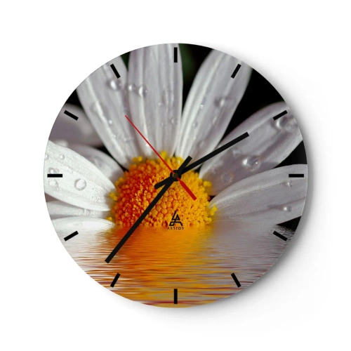Wall clock - Clock on glass - Macro of a daisy with water drops on its petals - 30x30cm - Sunrise of a Daisy - Modern wall decoration for the living room, kitchen, and bedroom ARTTOR