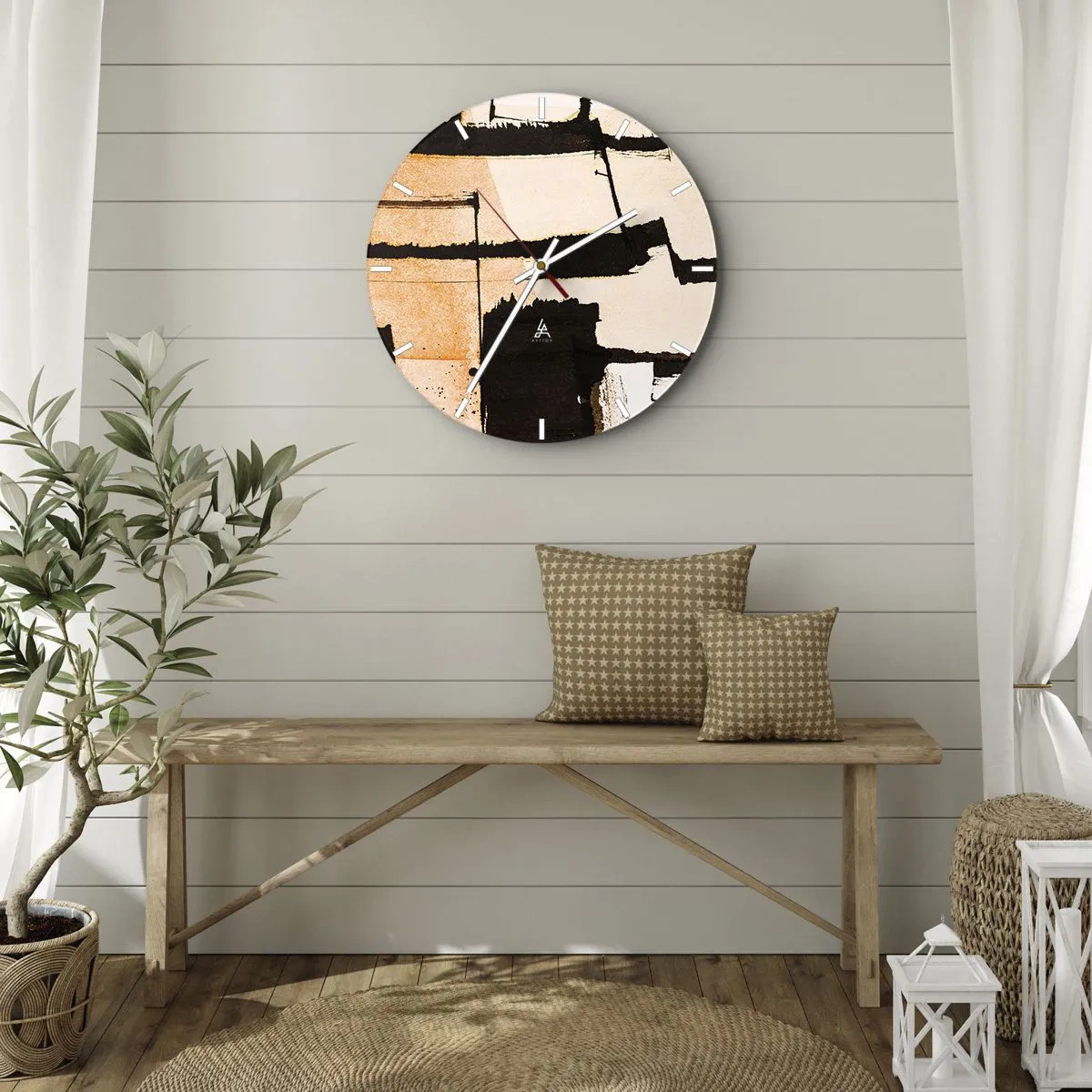 Wall clock - Clock on glass - Abstract geometric composition in beige and black - 30x30cm - Order After All - Modern wall decoration for the living room, kitchen, and bedroom ARTTOR