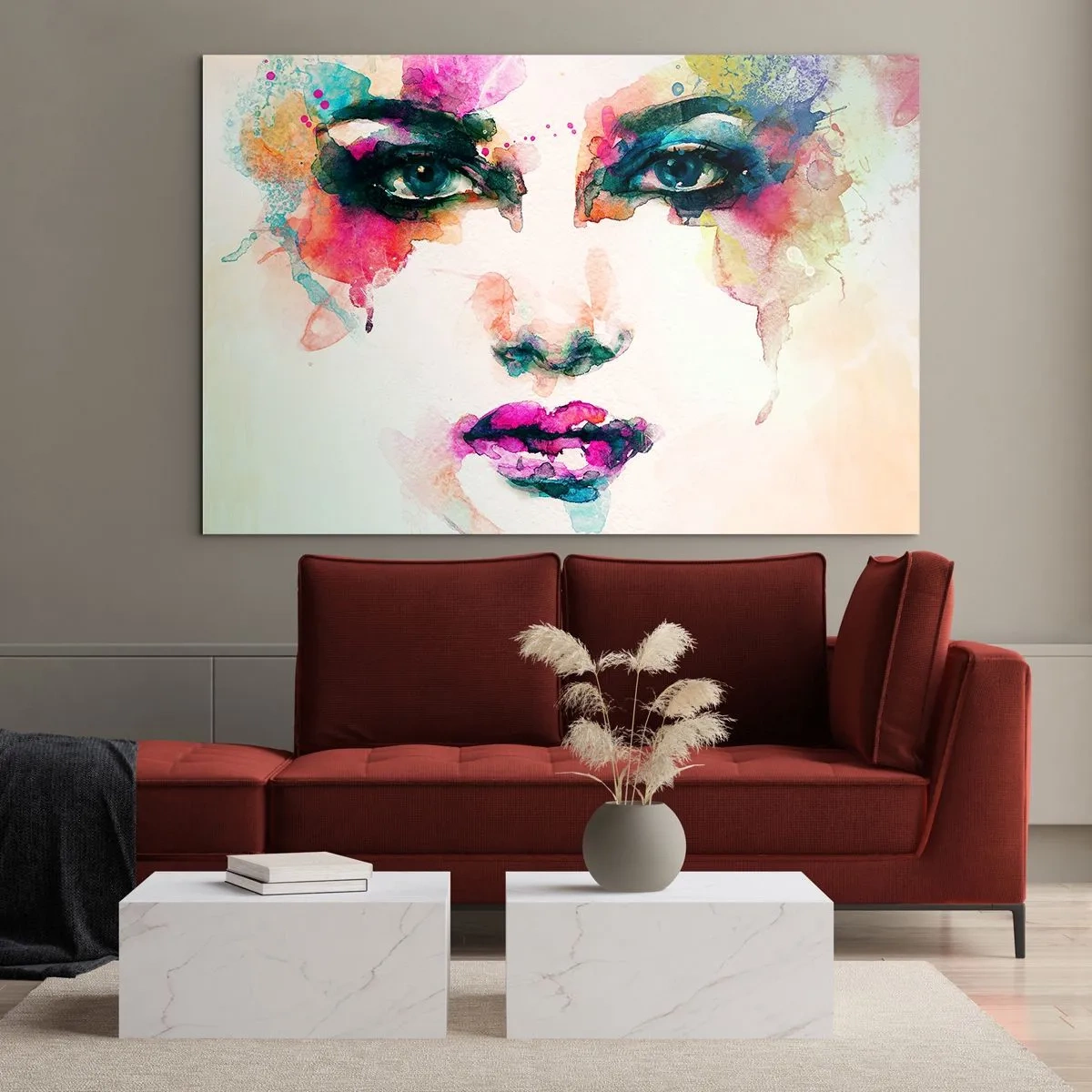Glass picture - Portrait of a woman in watercolor colors and details - 70x50cm - Portrait Painted by a Rainbow - Modern wall decoration for the living room and bedroom ARTTOR
