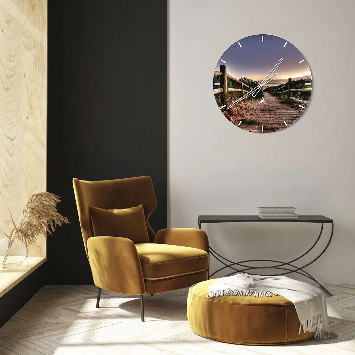 Wall clock - Clock on glass - Path to the beach at sunset - 30x30cm - You Can See the Destination - Modern wall decoration for the living room, kitchen, and bedroom ARTTOR