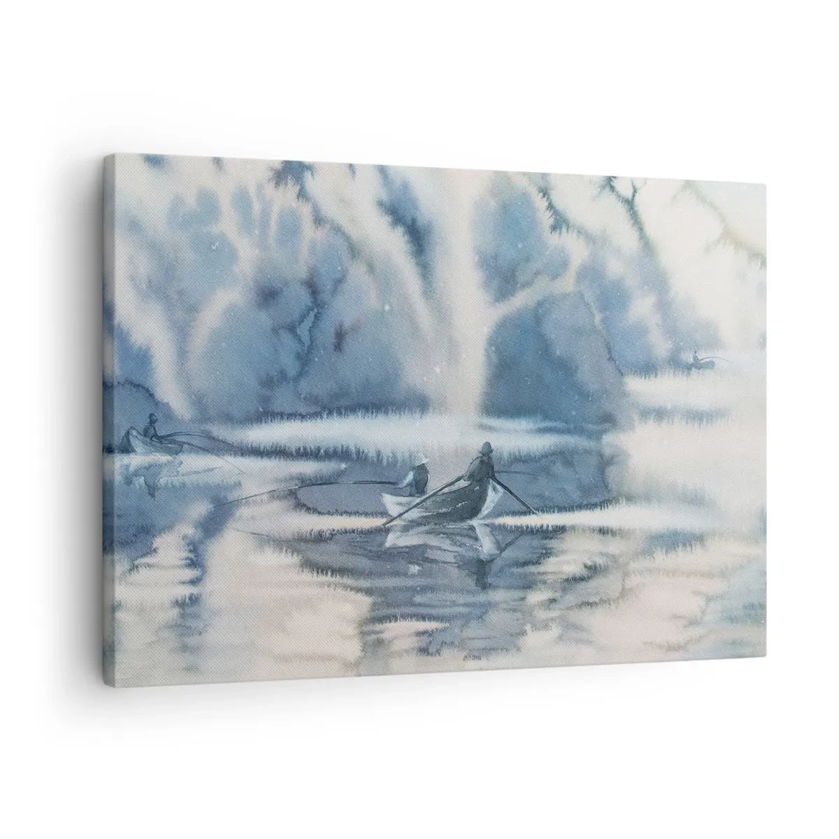 Canvas picture - Watercolor landscape with boats on a lake surrounded by a misty forest - 70x50cm - Fishermen in Their Paradise - Modern wall decoration for the living room and bedroom ARTTOR