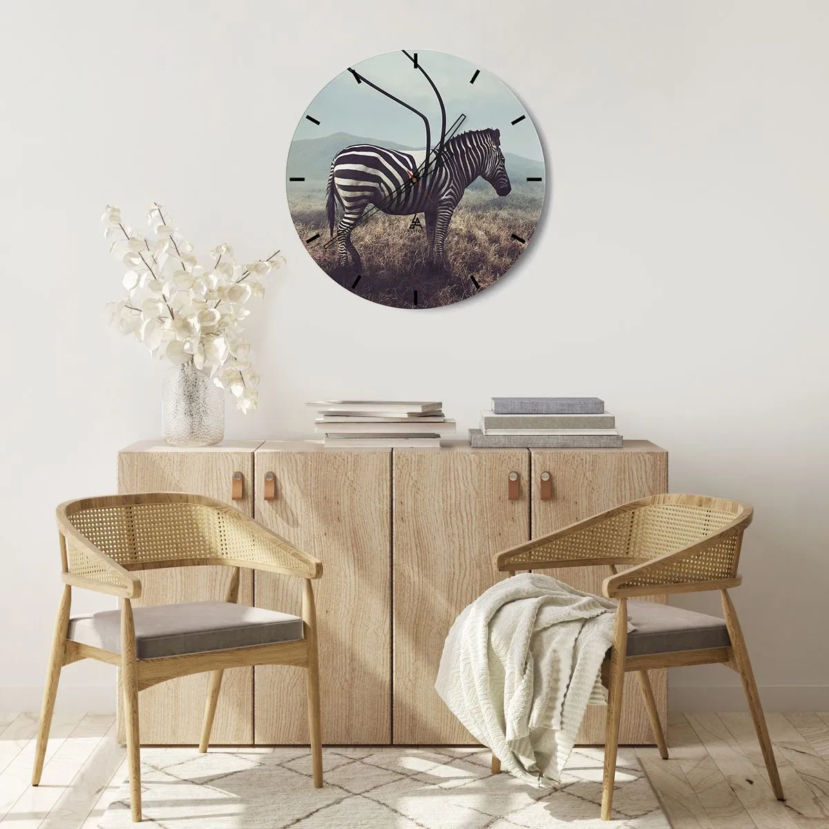 Wall clock - Clock on glass - A zebra in a natural setting against the backdrop of the savannah - 30x30cm - Attention! Faulty Design - Modern wall decoration for the living room, kitchen, and bedroom ARTTOR