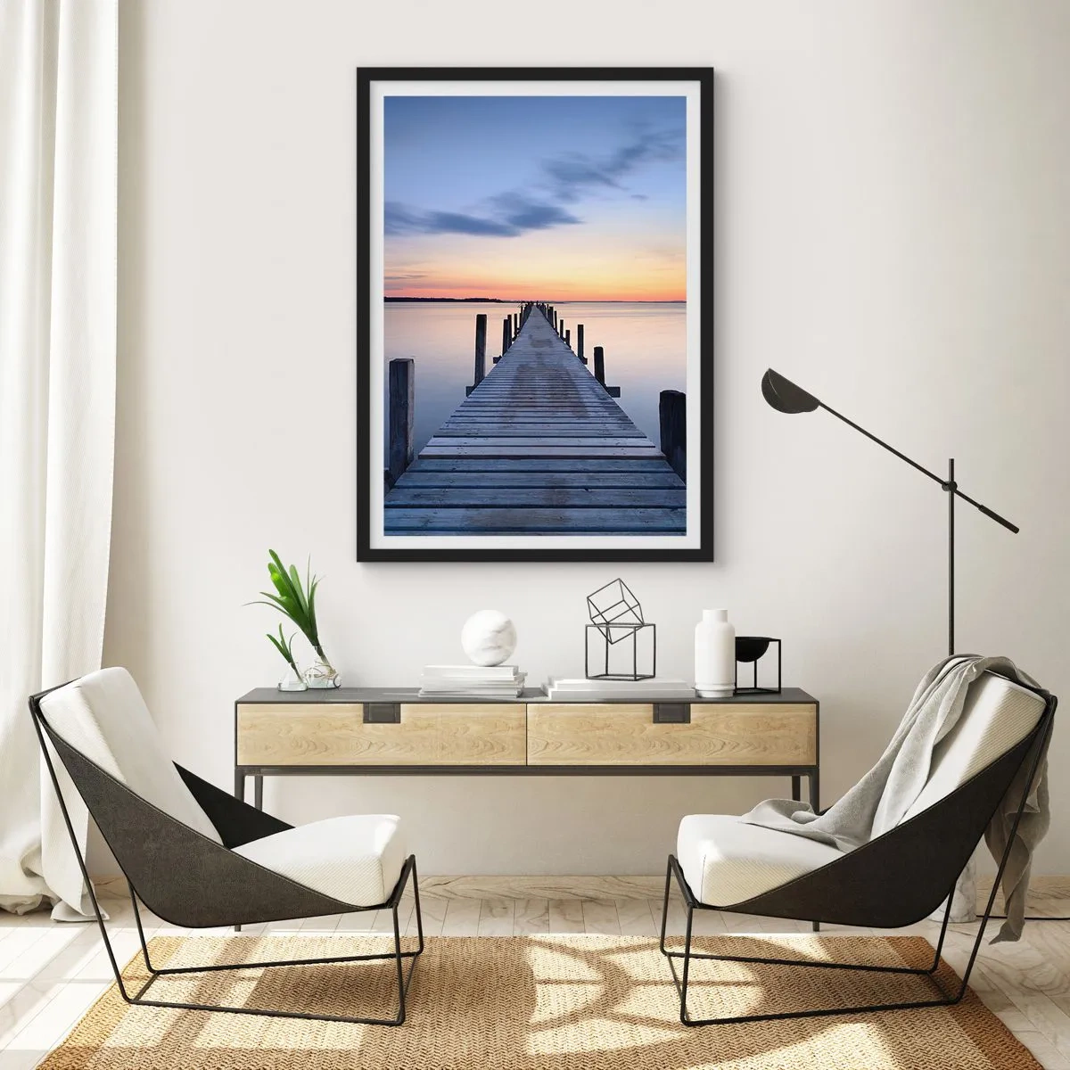 Poster in black frame - Lakeside Pier at Sunset - 50x70cm - Calm of a Quiet Dusk - Modern wall decoration for the living room and bedroom ARTTOR