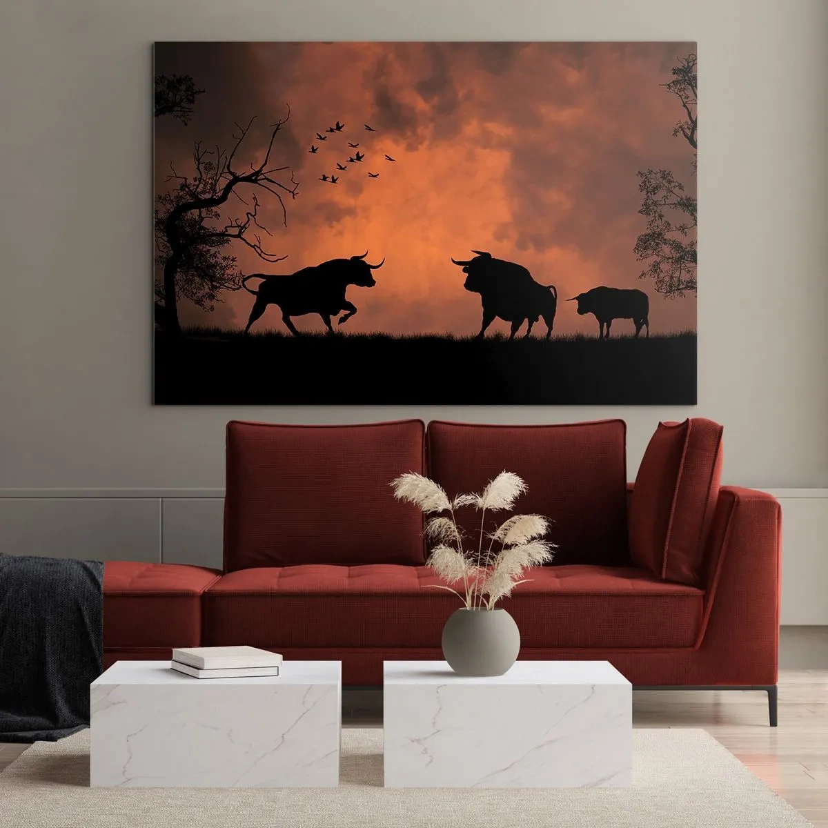 Glass picture - Silhouettes of bulls against an orange sky at dusk - 70x50cm - Dramatic Show of Nature - Modern wall decoration for the living room and bedroom ARTTOR