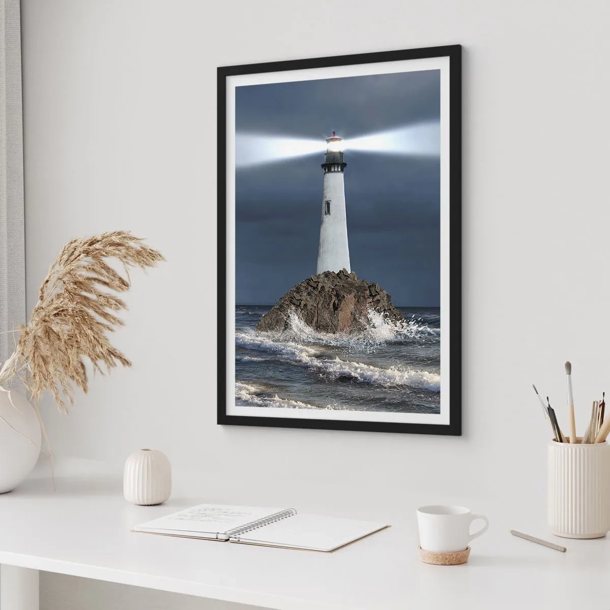 Poster in black frame - A lighthouse on a rock amidst the rough waves - 50x70cm - Here…Here…Here! - Modern wall decoration for the living room and bedroom ARTTOR