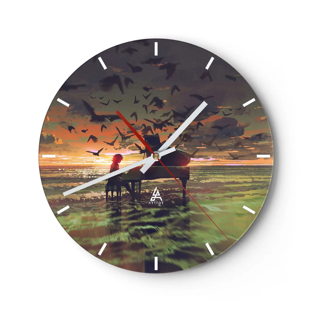 Wall clock - Clock on glass - A pianist playing against the backdrop of a sunset - 30x30cm - Concert for Piano and Waves - Modern wall decoration for the living room, kitchen, and bedroom ARTTOR