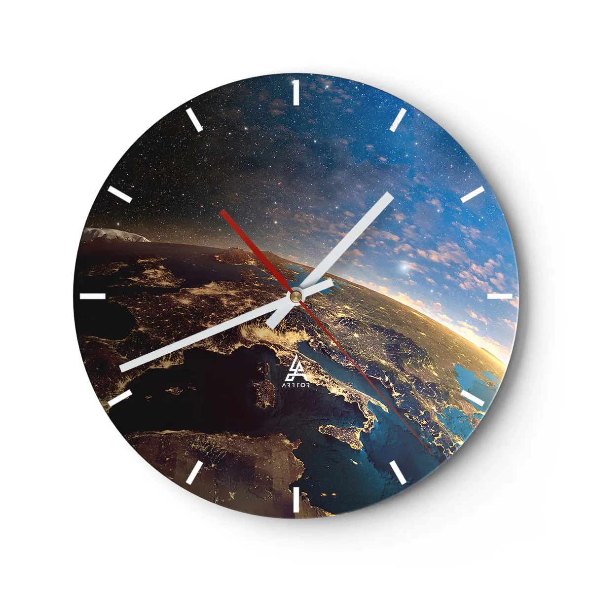 Wall clock - Clock on glass - View of Earth from space with illuminated continents - 30x30cm - Let's Look at Each Other from a Distance - Modern wall decoration for the living room, kitchen, and bedroom ARTTOR