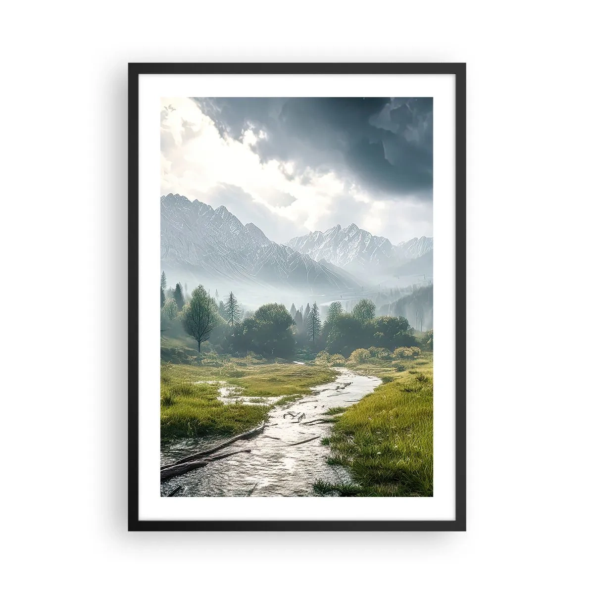 Poster in black frame - A mountain valley with a river and majestic mountains in the background - 50x70cm - There And Back - Modern wall decoration for the living room and bedroom ARTTOR
