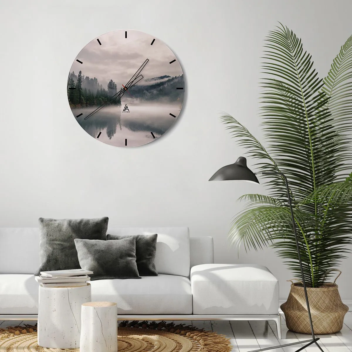 Wall clock - Clock on glass - Foggy forest over a calm lake in the morning - 30x30cm - Musing in the Fog - Modern wall decoration for the living room, kitchen, and bedroom ARTTOR