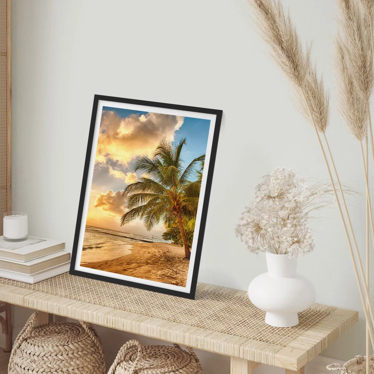 Poster in black frame - Beach with palm trees and a golden sunset - 50x70cm - Eternal Summer, Always Holidays - Modern wall decoration for the living room and bedroom ARTTOR