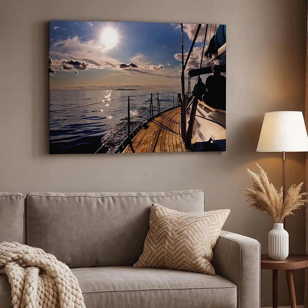 Canvas picture - A yacht cruise on the sea at sunset - 70x50cm - Under the Sails towards the Sun - Modern wall decoration for the living room and bedroom ARTTOR