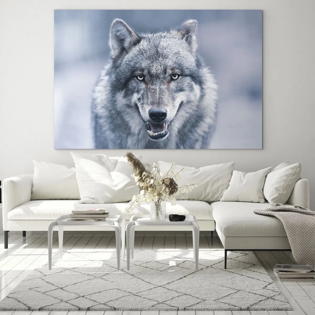 Glass picture - A wolf with a piercing gaze against the background of a snowy forest - 70x50cm - Will You Take Up the Challenge? - Modern wall decoration for the living room and bedroom ARTTOR