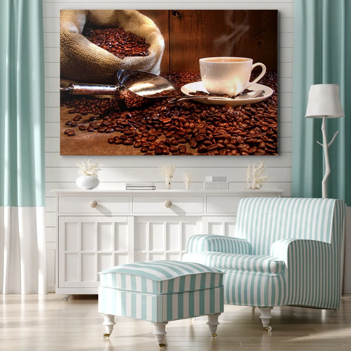 Canvas picture - A cup of coffee with coffee beans and a grain bag in the background - 70x50cm - Can You Smell It? - Modern wall decoration for the living room and bedroom ARTTOR