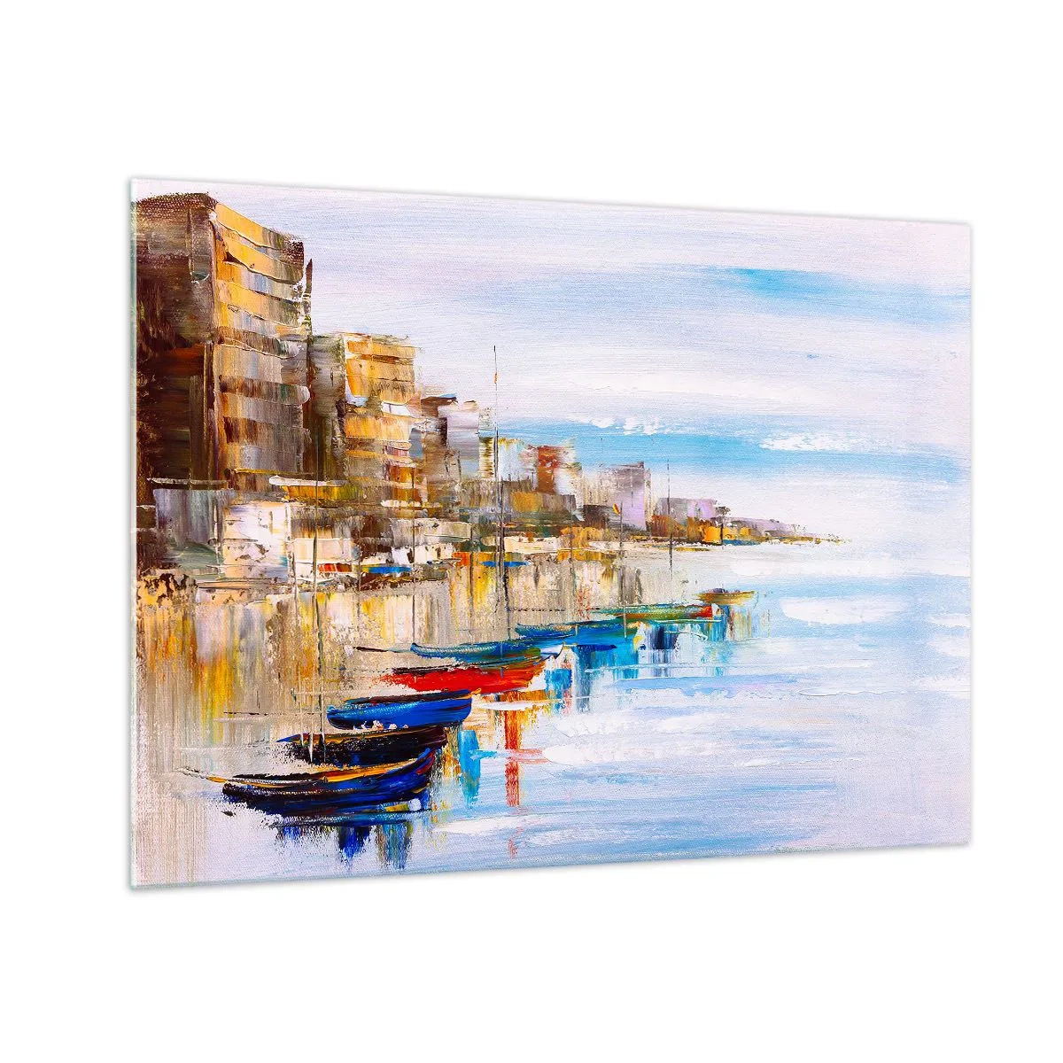 Glass picture - Colorful boats moored at the city quay - 70x50cm - Multicolour Town Marina - Modern wall decoration for the living room and bedroom ARTTOR