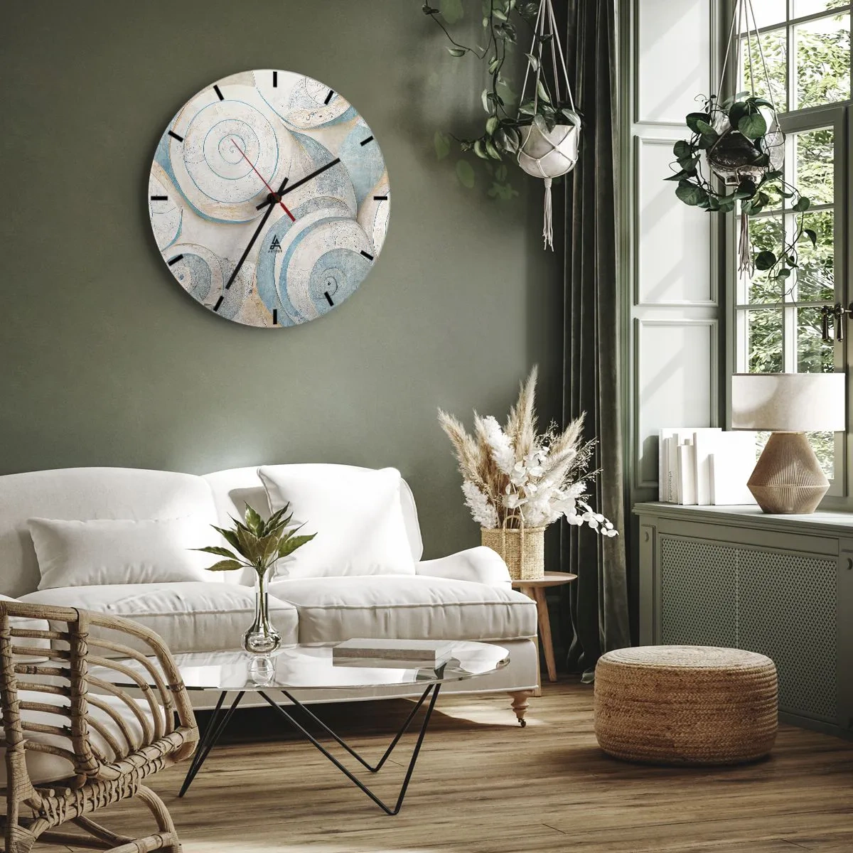Wall clock - Clock on glass - Artistic seashell-style spirals in shades of blue and beige - 30x30cm - What Does a Shell Hide? - Modern wall decoration for the living room, kitchen, and bedroom ARTTOR