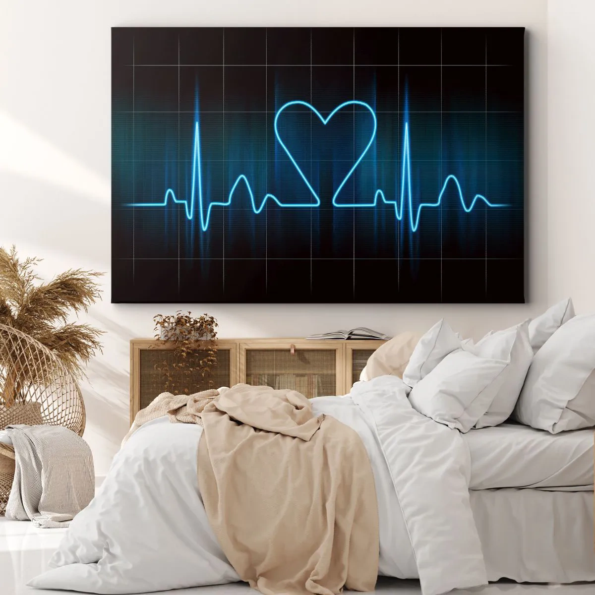 Canvas picture - A lifeline with a heart on a medical monitoring background in shades of blue. - 70x50cm - In a Heartbeat - Modern wall decoration for the living room and bedroom ARTTOR