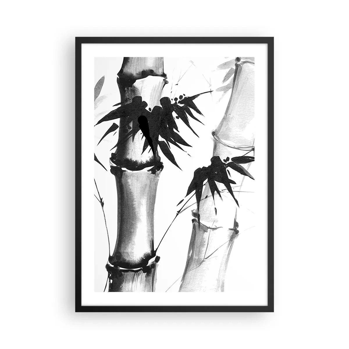 Poster in black frame - Bamboo stems and leaves in a black and white style - 50x70cm - Close-up to the Orient - Modern wall decoration for the living room and bedroom ARTTOR