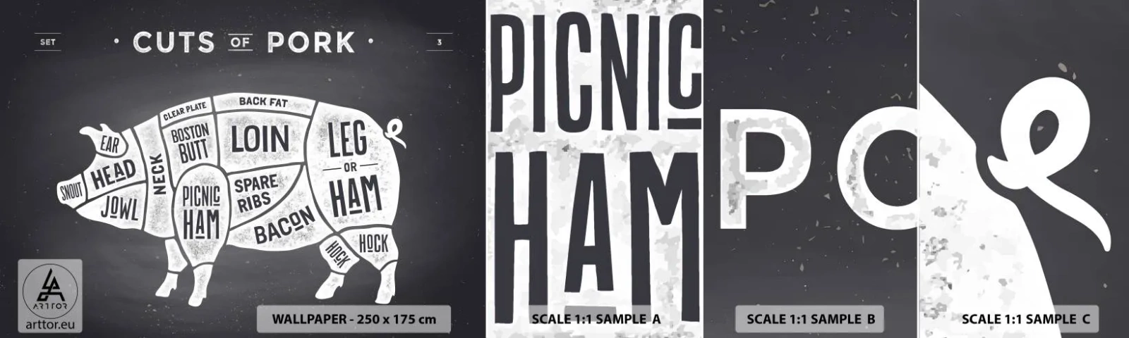 Photo Wallpaper Sample Self-Adhesive Deluxe Sticker - Butcher's Primer - Gastronomy, Animal Pig, Pork - 100x30 cm