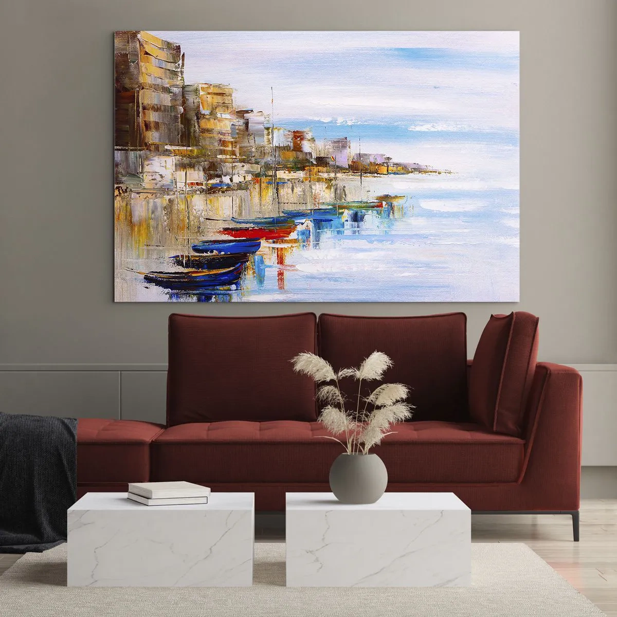 Glass picture - Colorful boats moored at the city quay - 70x50cm - Multicolour Town Marina - Modern wall decoration for the living room and bedroom ARTTOR