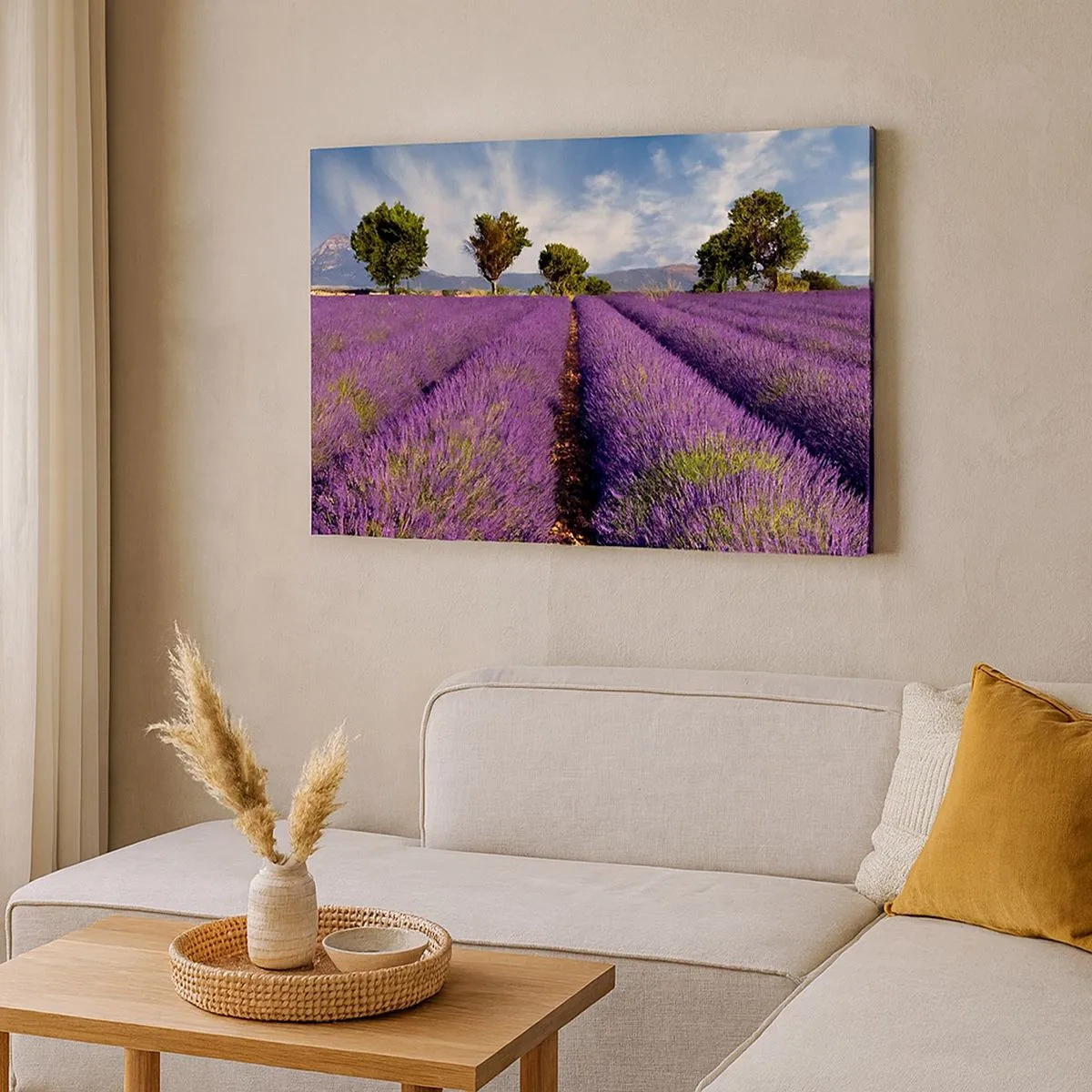 Canvas picture - A lavender field with trees against the backdrop of mountains and sky - 70x50cm - Lavender Fields - Modern wall decoration for the living room and bedroom ARTTOR