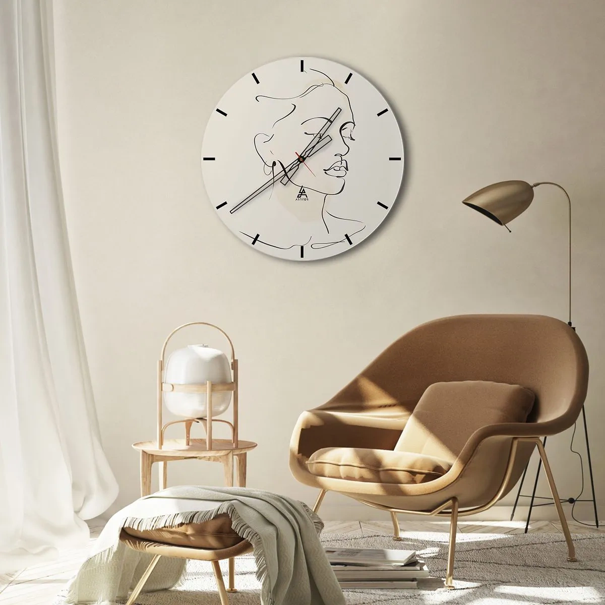 Wall clock - Clock on glass - Minimalist line art outline of a woman on a white background - 30x30cm - With a Decisive Line - Modern wall decoration for the living room, kitchen, and bedroom ARTTOR