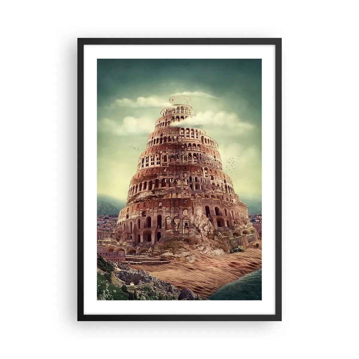 Poster in black frame - The mythical Tower of Babel in a picturesque landscape - 50x70cm - Tower of Babel - Modern wall decoration for the living room and bedroom ARTTOR
