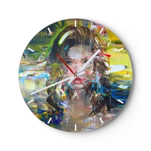 Wall clock - Clock on glass - Artistic portrait of a woman in colorful abstraction - 30x30cm - Behind a Curtain of Air - Modern wall decoration for the living room, kitchen, and bedroom ARTTOR