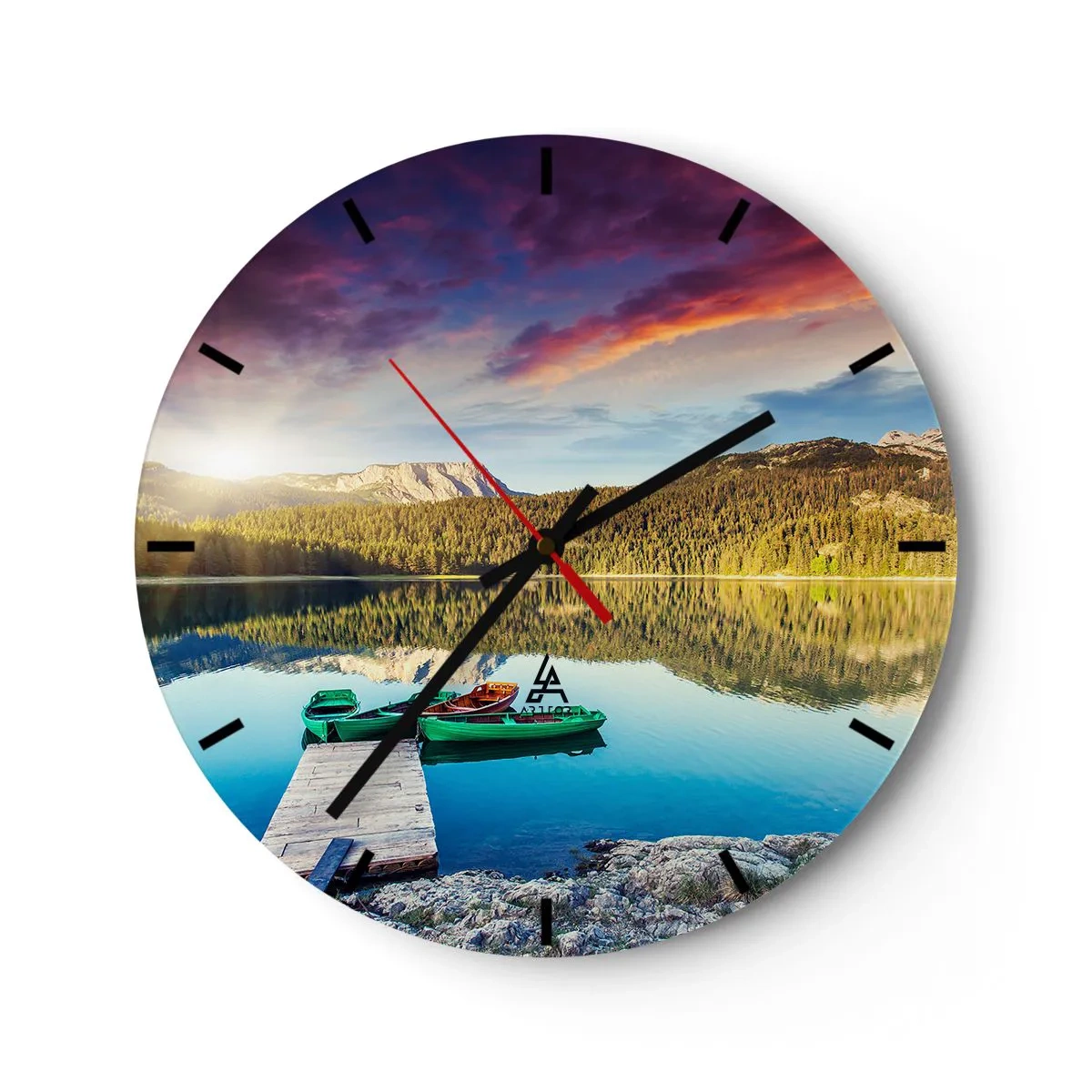 Wall clock - Clock on glass - A clock face overlooking a lake with wooden boats at the pier - 30x30cm - By Water Smooth as a Mirror - Modern wall decoration for the living room, kitchen, and bedroom ARTTOR