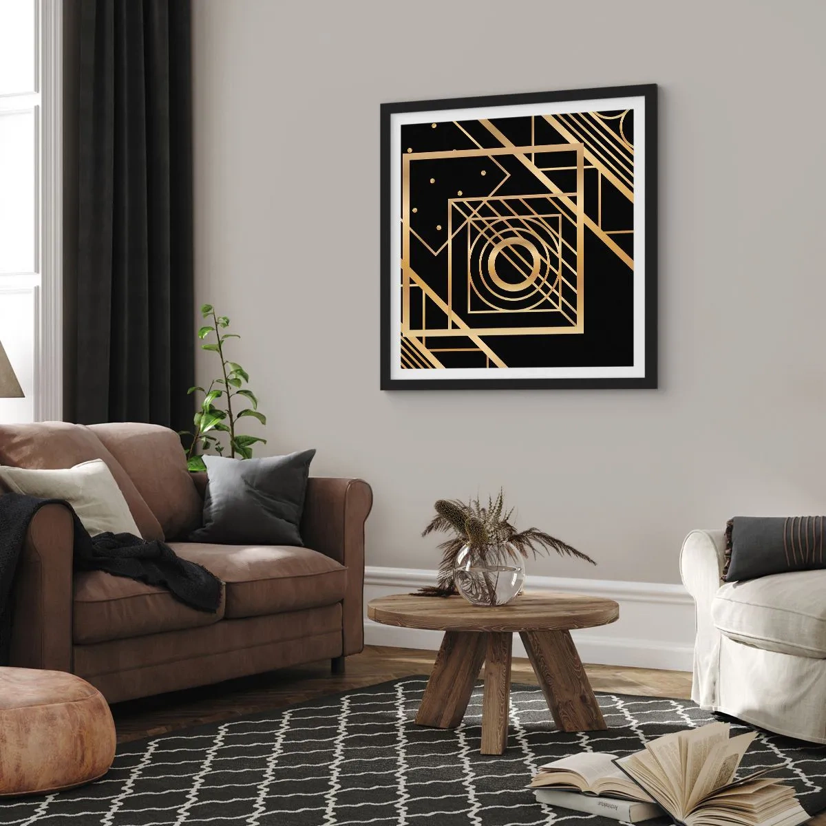 Poster in black frame - Golden Geometry - 60x60 cm