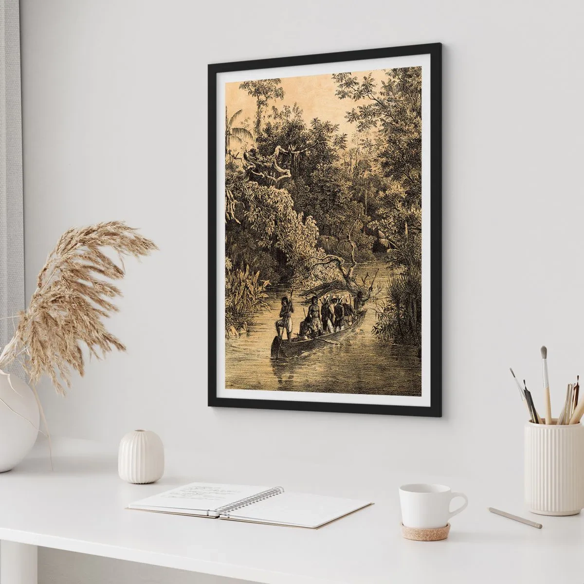 Poster in black frame - An engraving of a tropical forest and a boat on a river - 50x70cm - Journey to the Spring - Modern wall decoration for the living room and bedroom ARTTOR