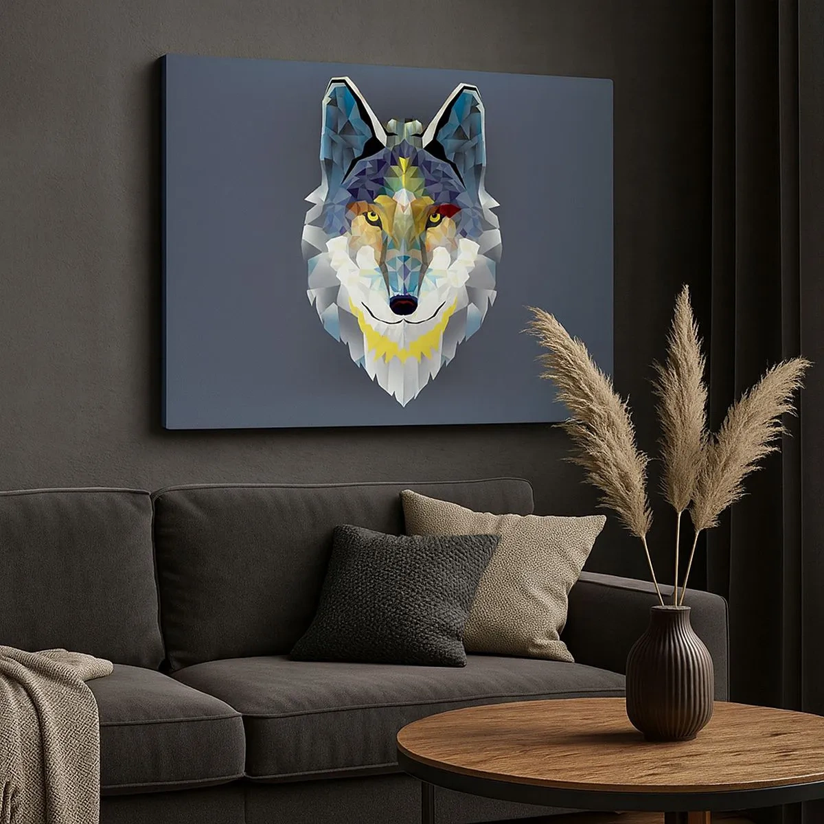 Canvas picture - Geometric image of a wolf on a gray background - 70x50cm - Speaking of the Wolf - Modern wall decoration for the living room and bedroom ARTTOR