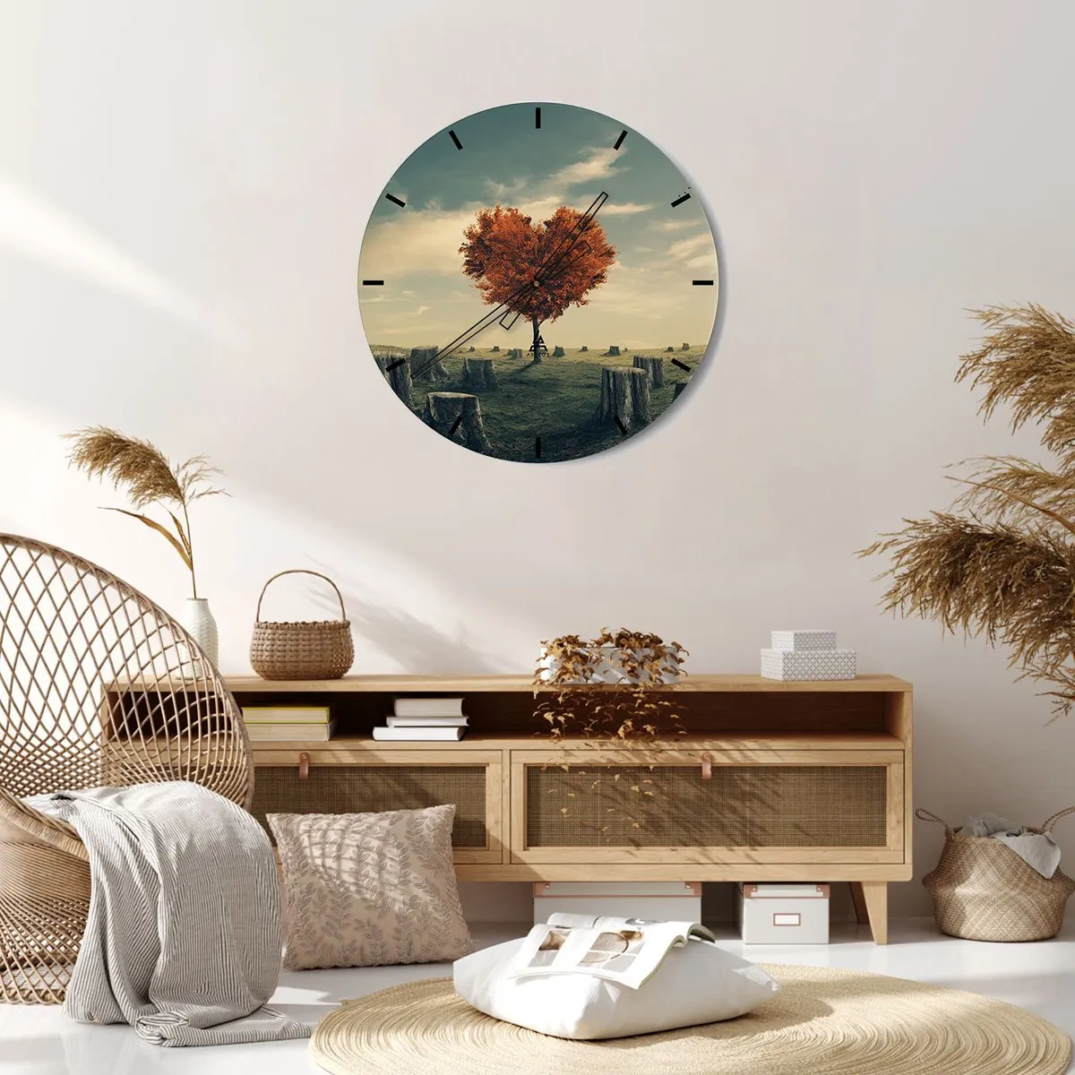 Wall clock - Clock on glass - A heart-shaped tree surrounded by trunks against the sky - 30x30cm - There Is Still Hope - Modern wall decoration for the living room, kitchen, and bedroom ARTTOR