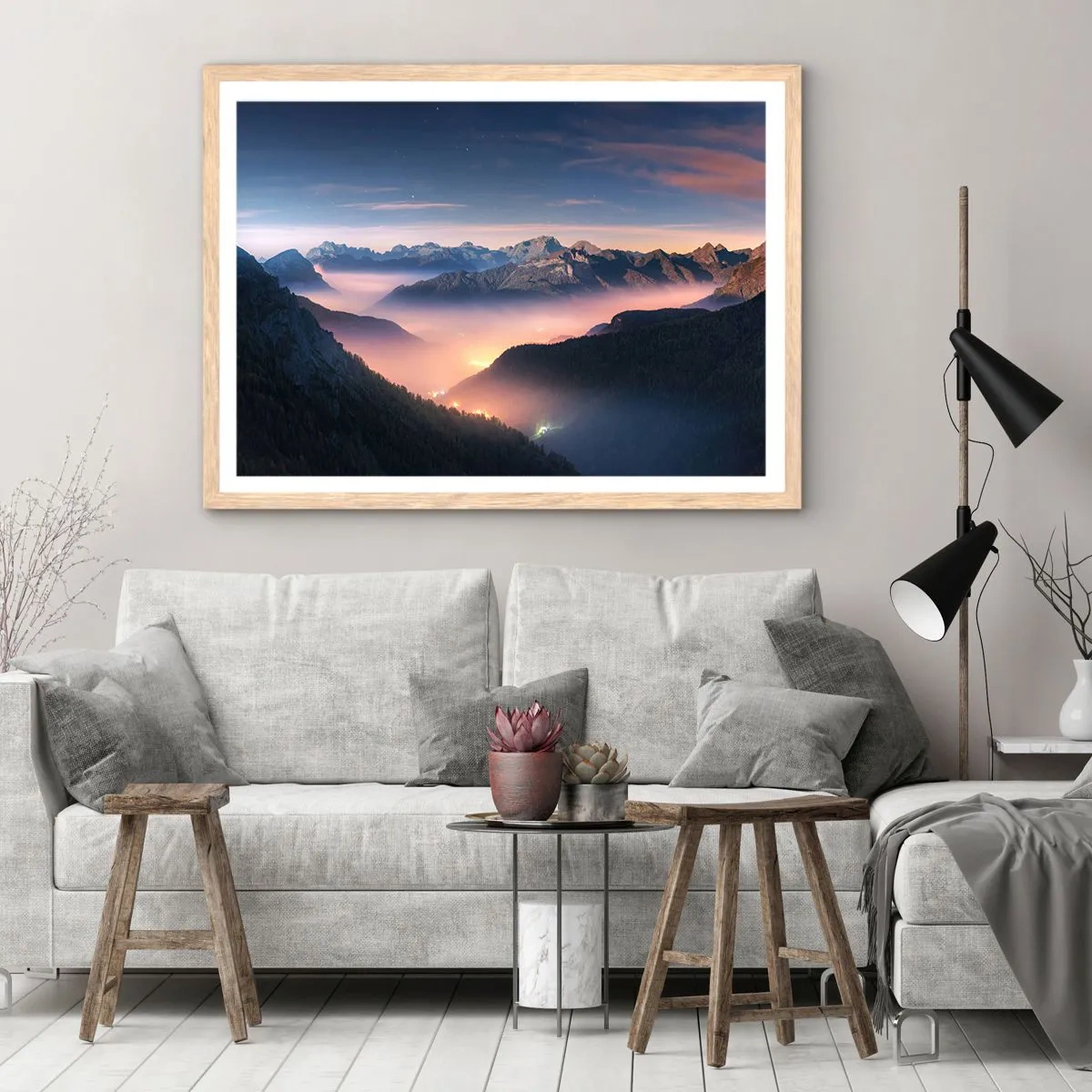 Poster in light oak frame - Light in the Valleys - 100x70 cm