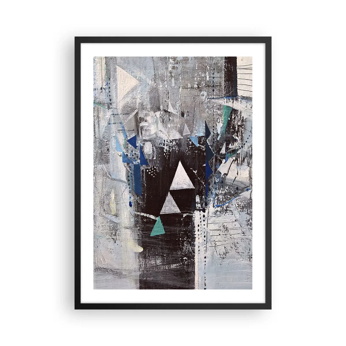Poster in black frame - Abstract geometric composition in shades of gray and blue - 50x70cm - Superior Order of Triangles - Modern wall decoration for the living room and bedroom ARTTOR