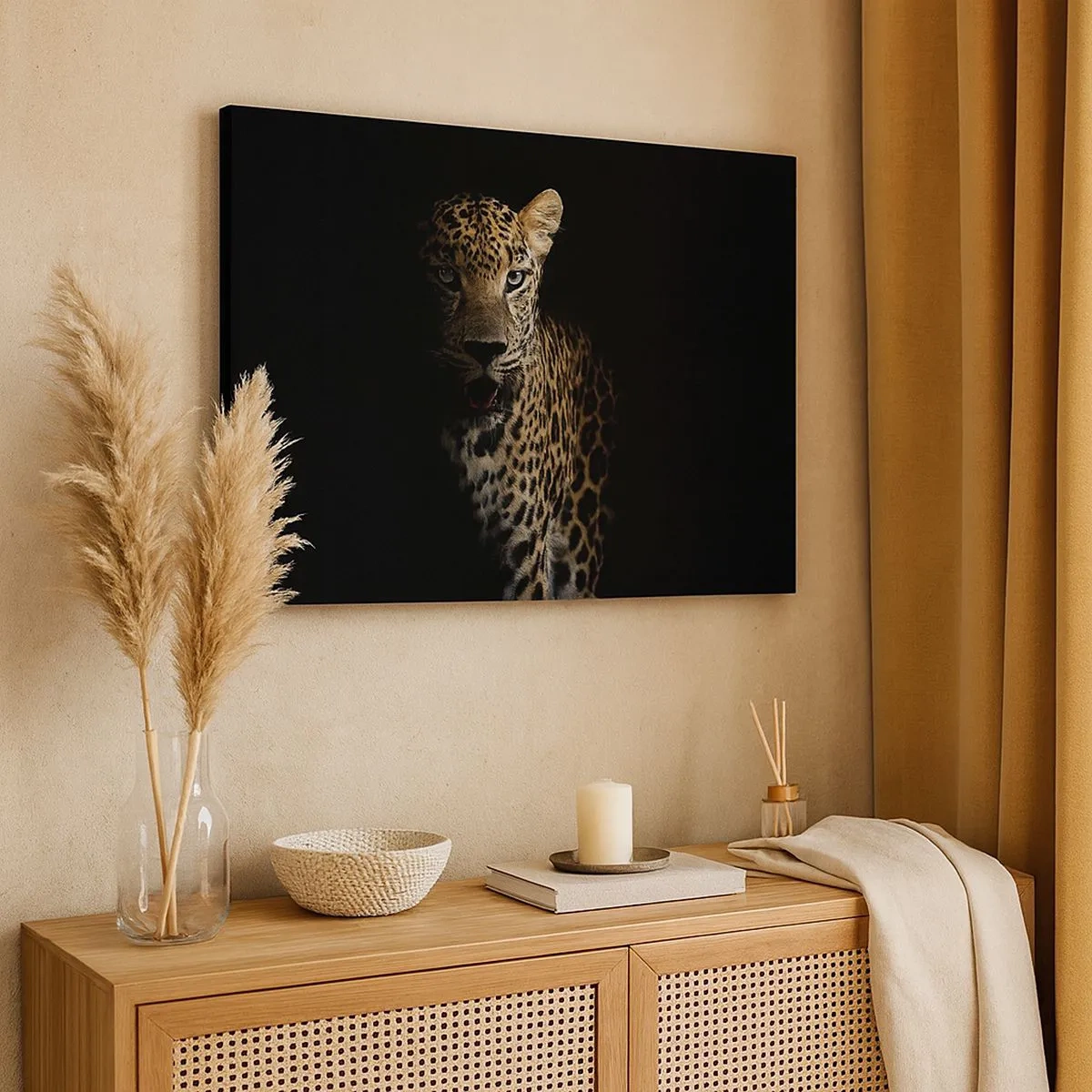 Canvas picture - A leopard on a dark background with an intense gaze - 70x50cm - Dark Beauty - Modern wall decoration for the living room and bedroom ARTTOR