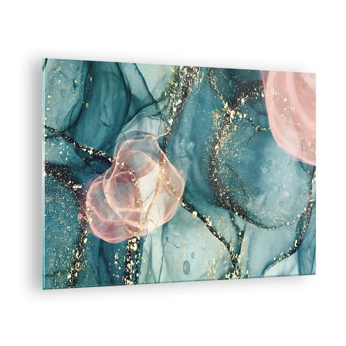 Glass picture - Abstract shapes in blue and pink with gold details - 70x50cm - Silm Blue, Tulle Pink - Modern wall decoration for the living room and bedroom ARTTOR