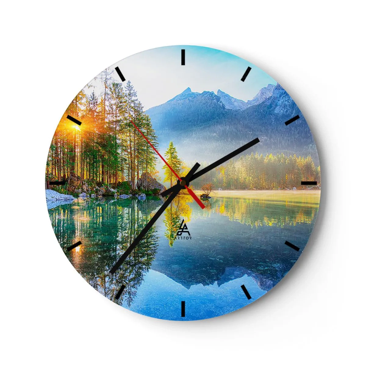 Wall clock - Clock on glass - Mountain lake at dawn with reflections of trees and peaks - 30x30cm - Majesty and Sweetness - Modern wall decoration for the living room, kitchen, and bedroom ARTTOR