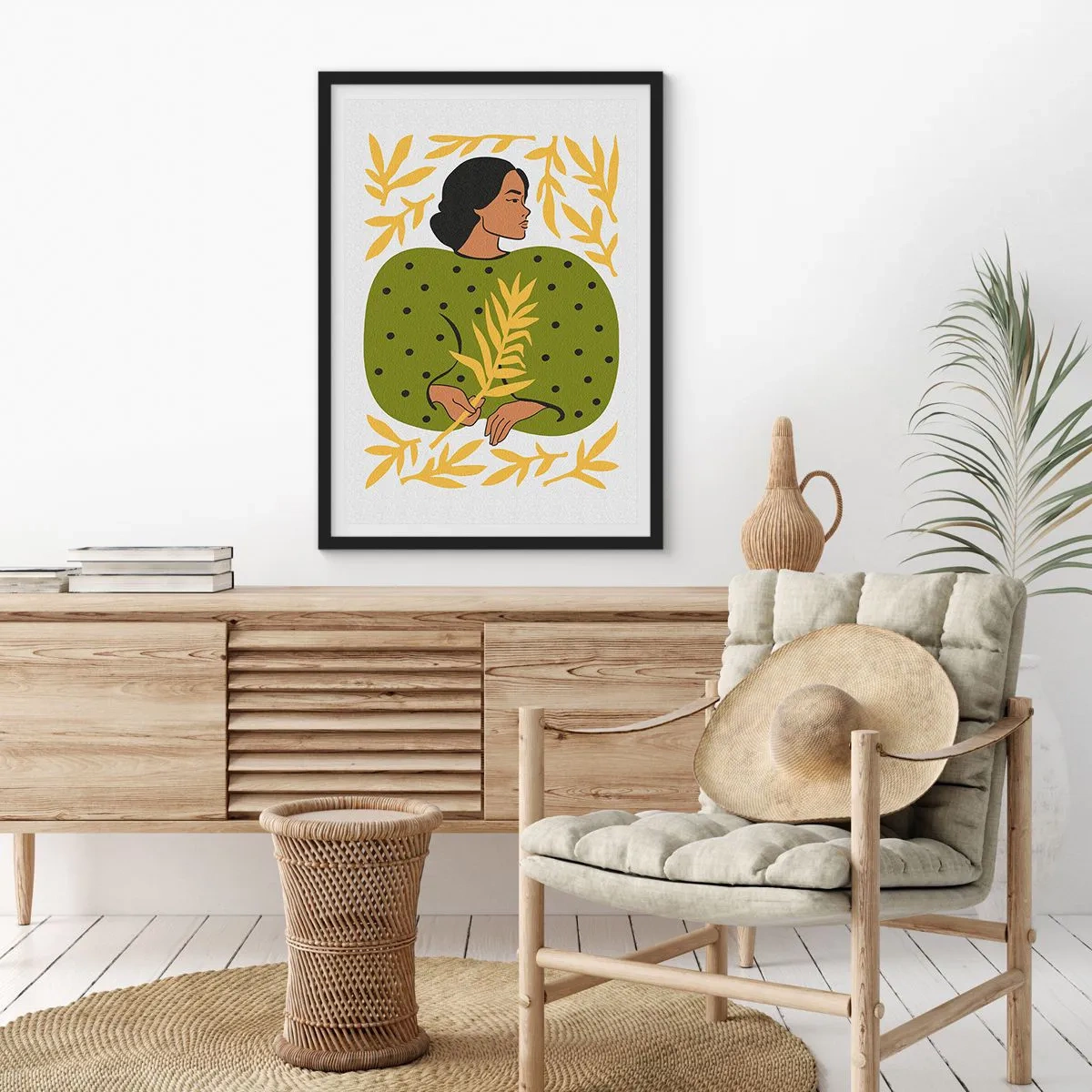 Poster in black frame - Portrait of a woman in a green dress with a yellow leaf, with a delicate pattern - 50x70cm - Hawaian Girl - Modern wall decoration for the living room and bedroom ARTTOR