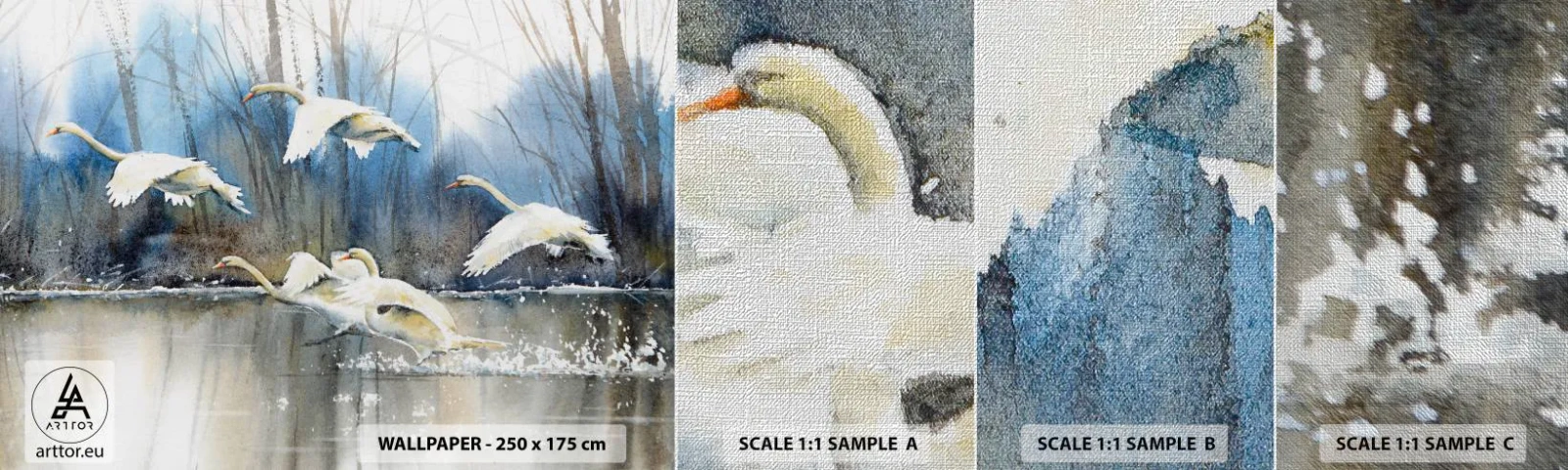 Photo Wallpaper Sample Premium Canvas - Like in a Fairy Tale about Wild Swans - Swans, Birds, Landscape - 100x30 cm