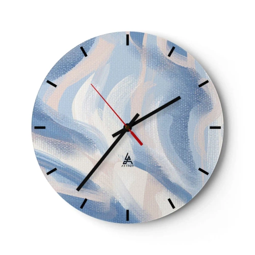 Wall clock - Clock on glass - Painterly blue waves and pastel streaks on a textured background - 30x30cm - Blue Waves - Modern wall decoration for the living room, kitchen, and bedroom ARTTOR
