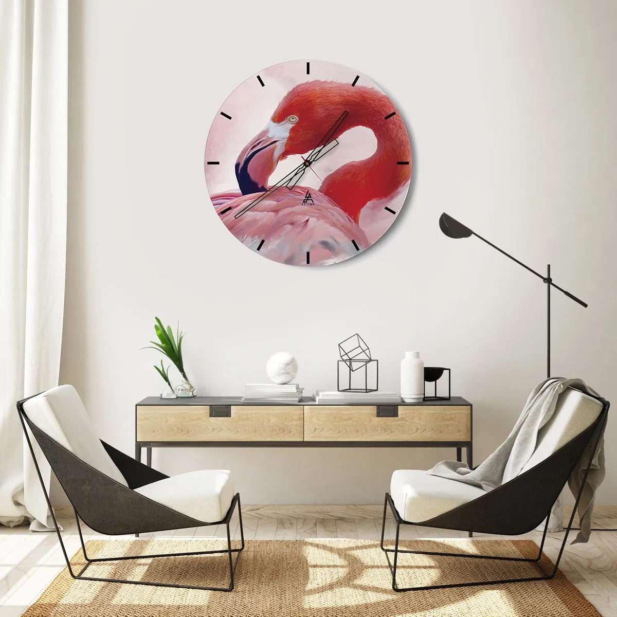 Wall clock - Clock on glass - Flamingo in pastel shades of pink and red - 30x30cm - Bird Look - Modern wall decoration for the living room, kitchen, and bedroom ARTTOR