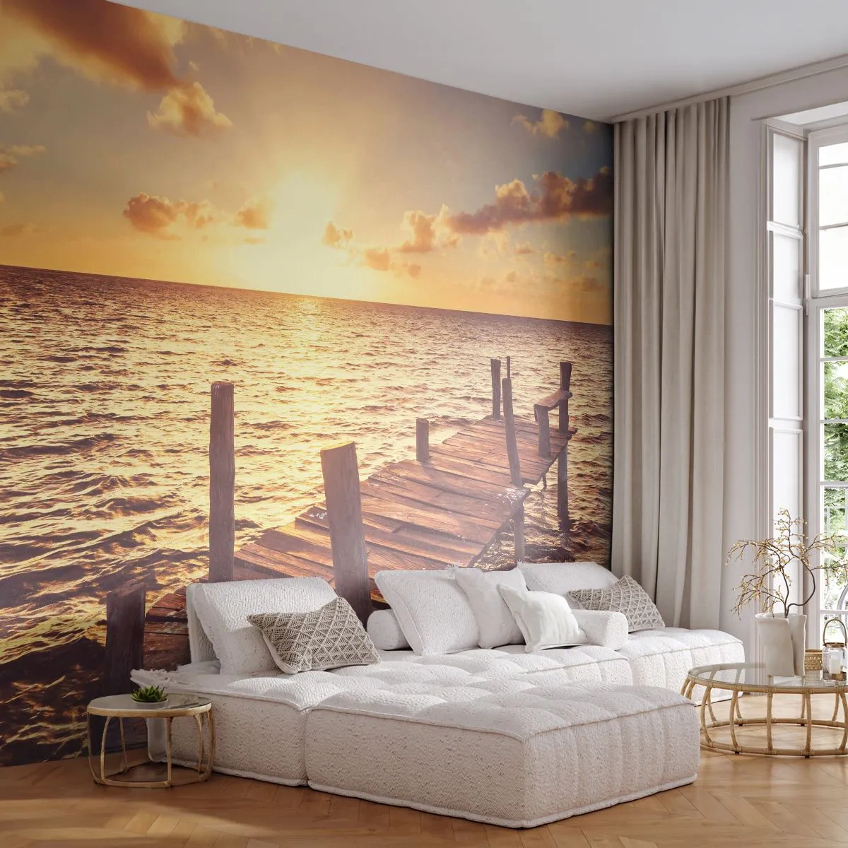 Photo Wallpaper Standard Eco - Golden Land of Tranquility - Landscape, Sea, Wooden Bridge - 350x256 cm