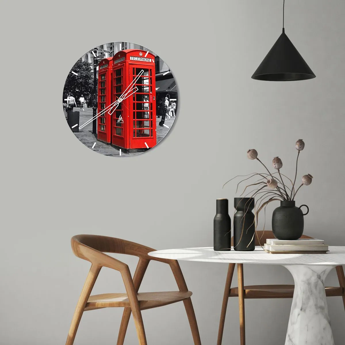 Wall clock - Clock on glass - Red telephone booths against the backdrop of the city - 30x30cm - Red telephone boxes - Modern wall decoration for the living room, kitchen, and bedroom ARTTOR