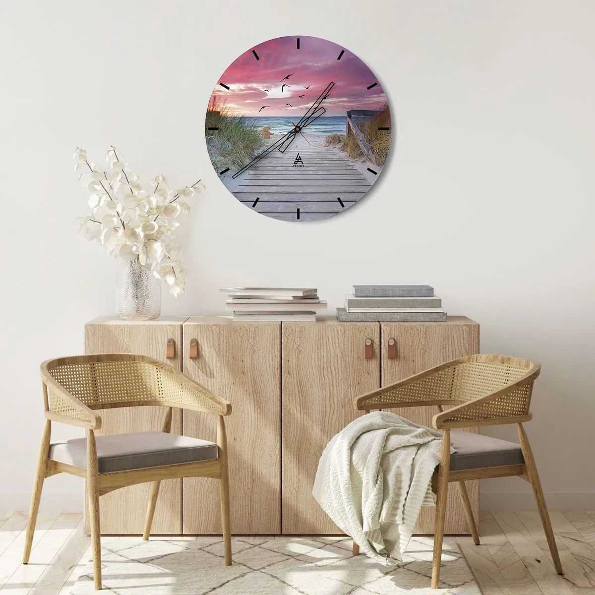 Wall clock - Clock on glass - Wooden jetty leading to the beach at sunset - 30x30cm - Baltic Impression - Modern wall decoration for the living room, kitchen, and bedroom ARTTOR