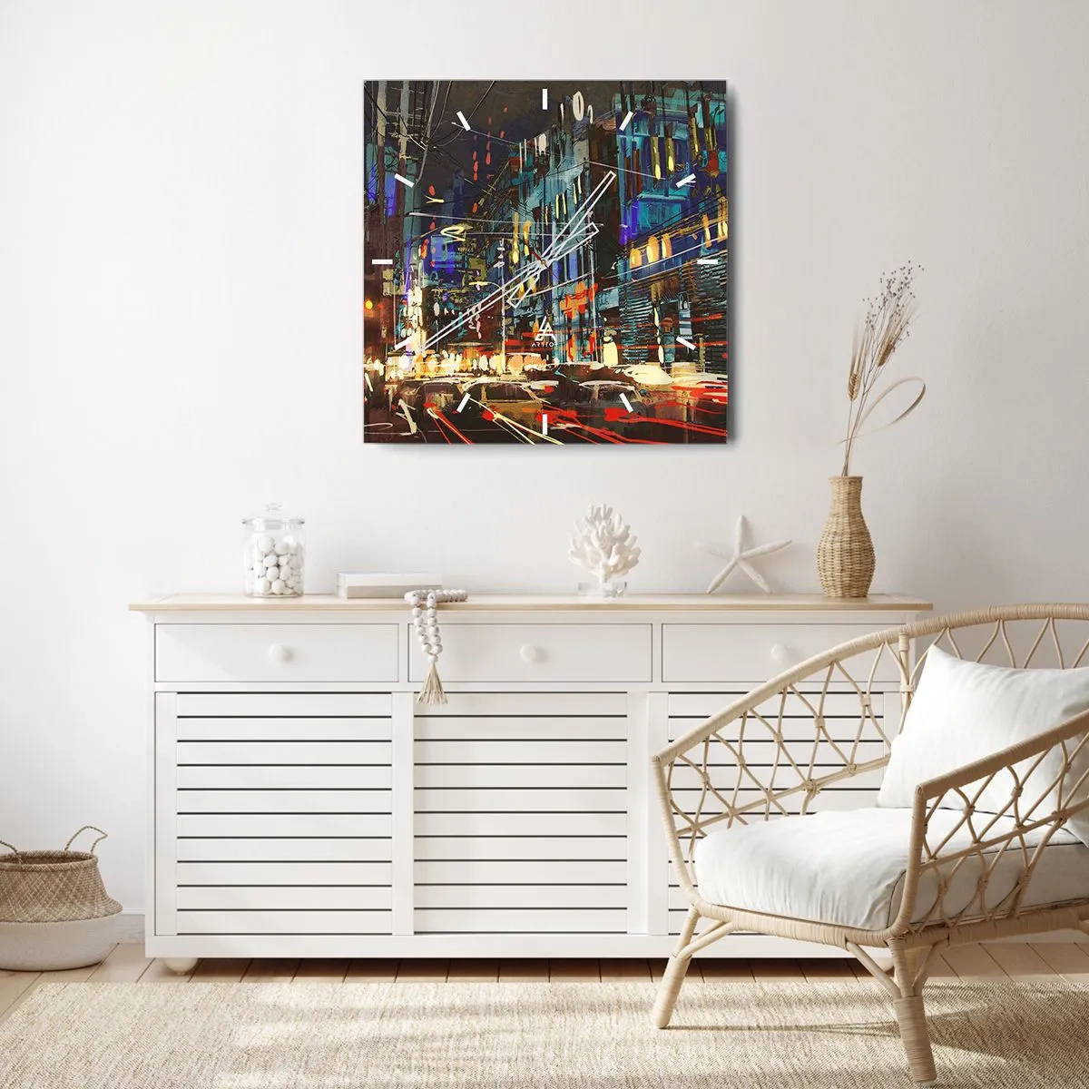 Wall clock - Clock on glass - Evening Street Bustle - 40x40 cm