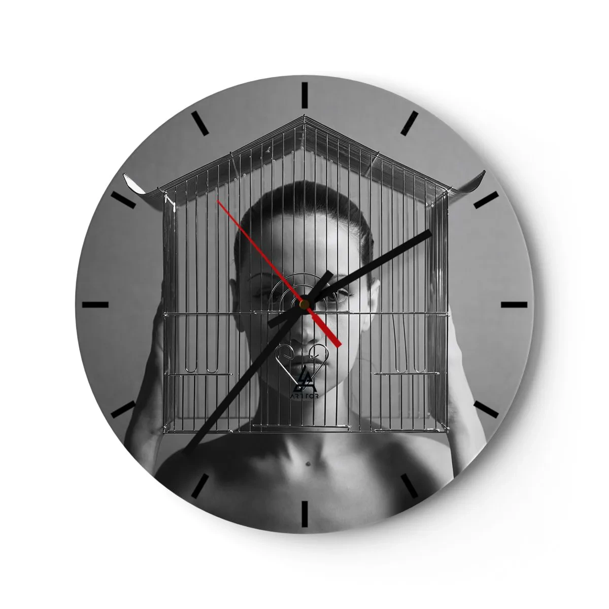 Wall clock - Clock on glass - Woman with a cage on her face in black and white style - 30x30cm - A Bit Surrealistic Portrat - Modern wall decoration for the living room, kitchen, and bedroom ARTTOR