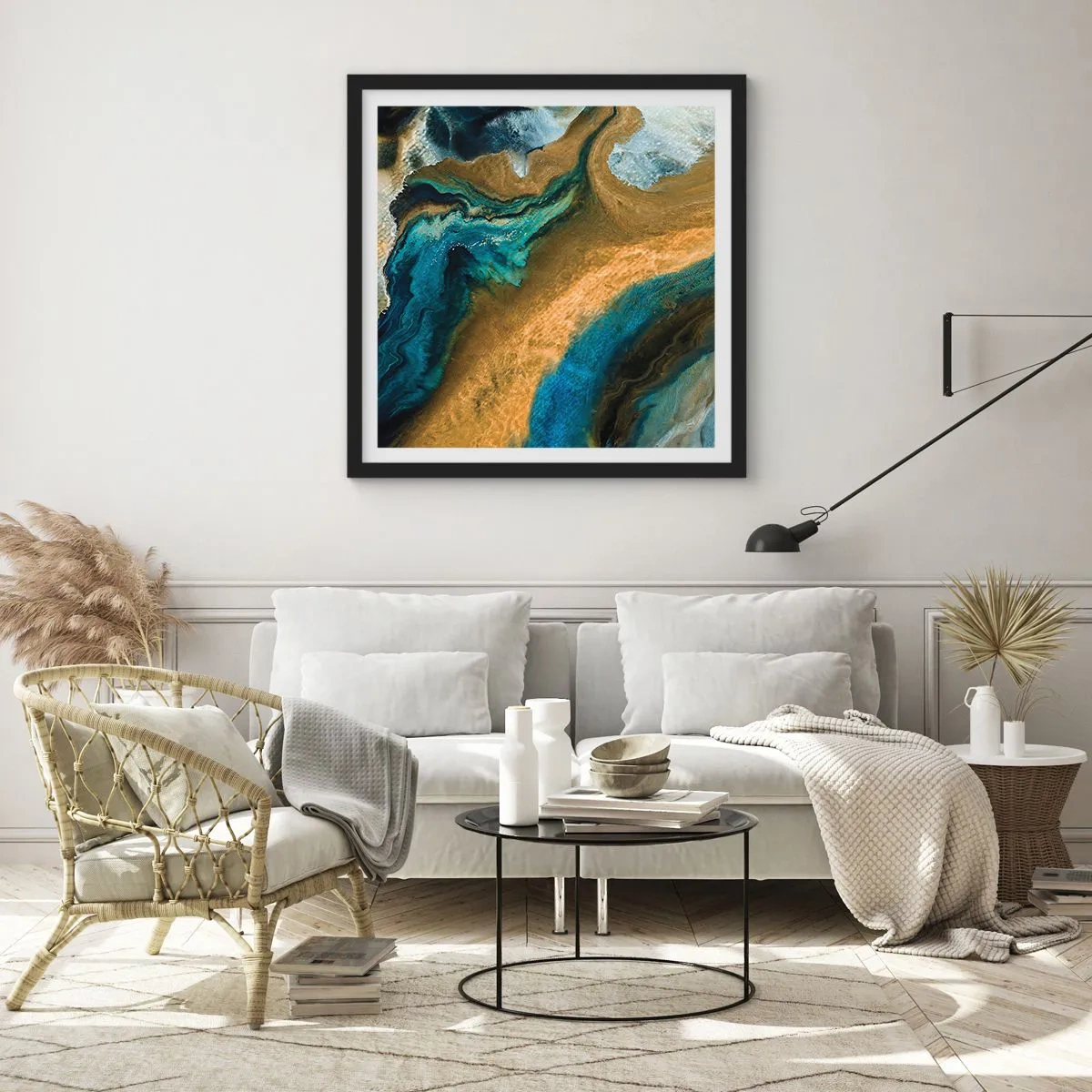 Poster in black frame - Blue -Yellow - Mutal Influences - 50x50 cm