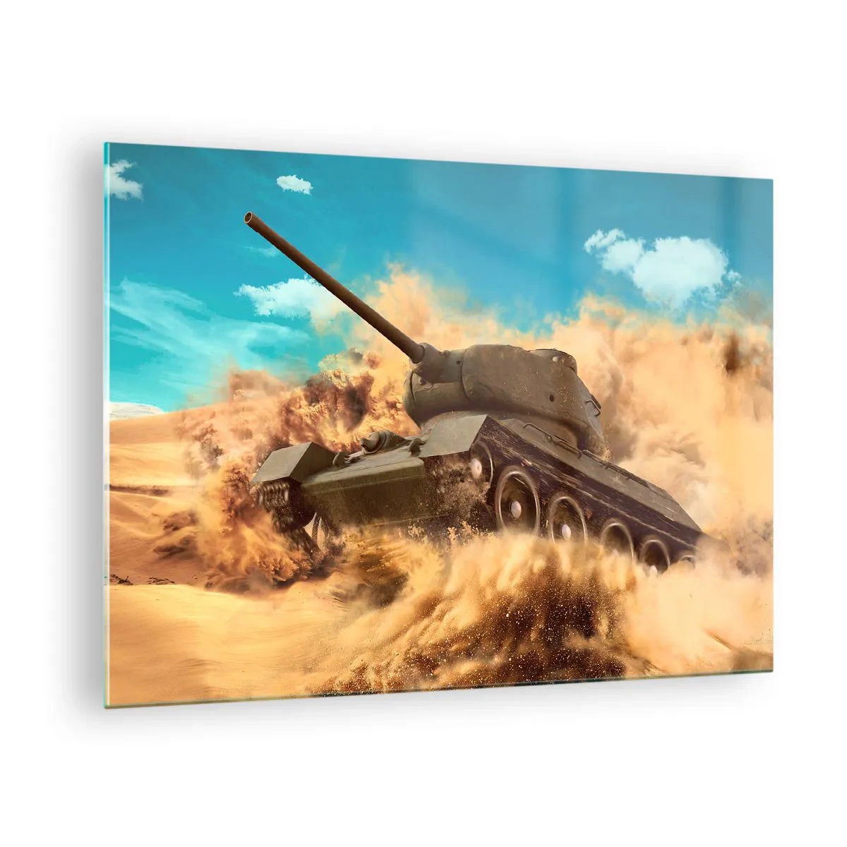 Glass picture - A tank in motion in a desert with dust flying and a bright sky - 70x50cm - Invinicible - Modern wall decoration for the living room and bedroom ARTTOR