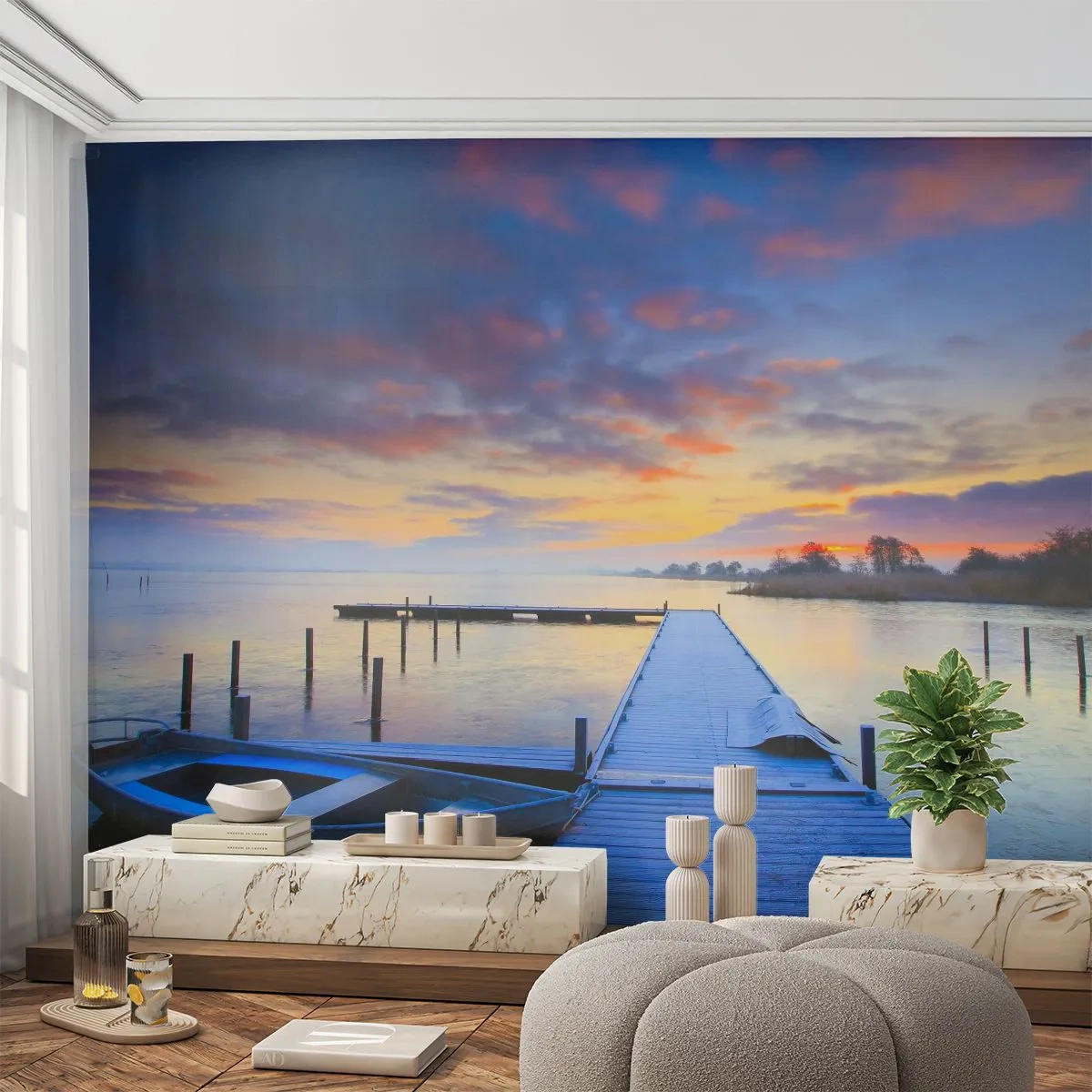 Photo Wallpaper Premium Sand - Purple-Golden Peace - Landscape, Lake, Boat - 300x210 cm
