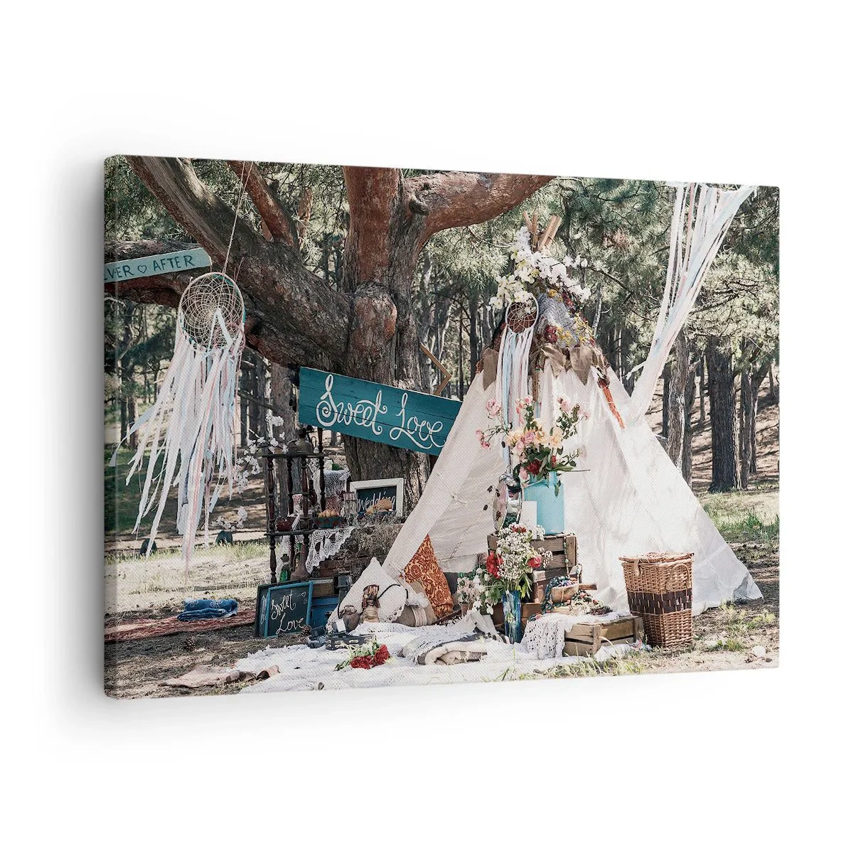 Canvas picture - Boho decoration with a teepee in the forest - 70x50cm - Make Love… - Modern wall decoration for the living room and bedroom ARTTOR